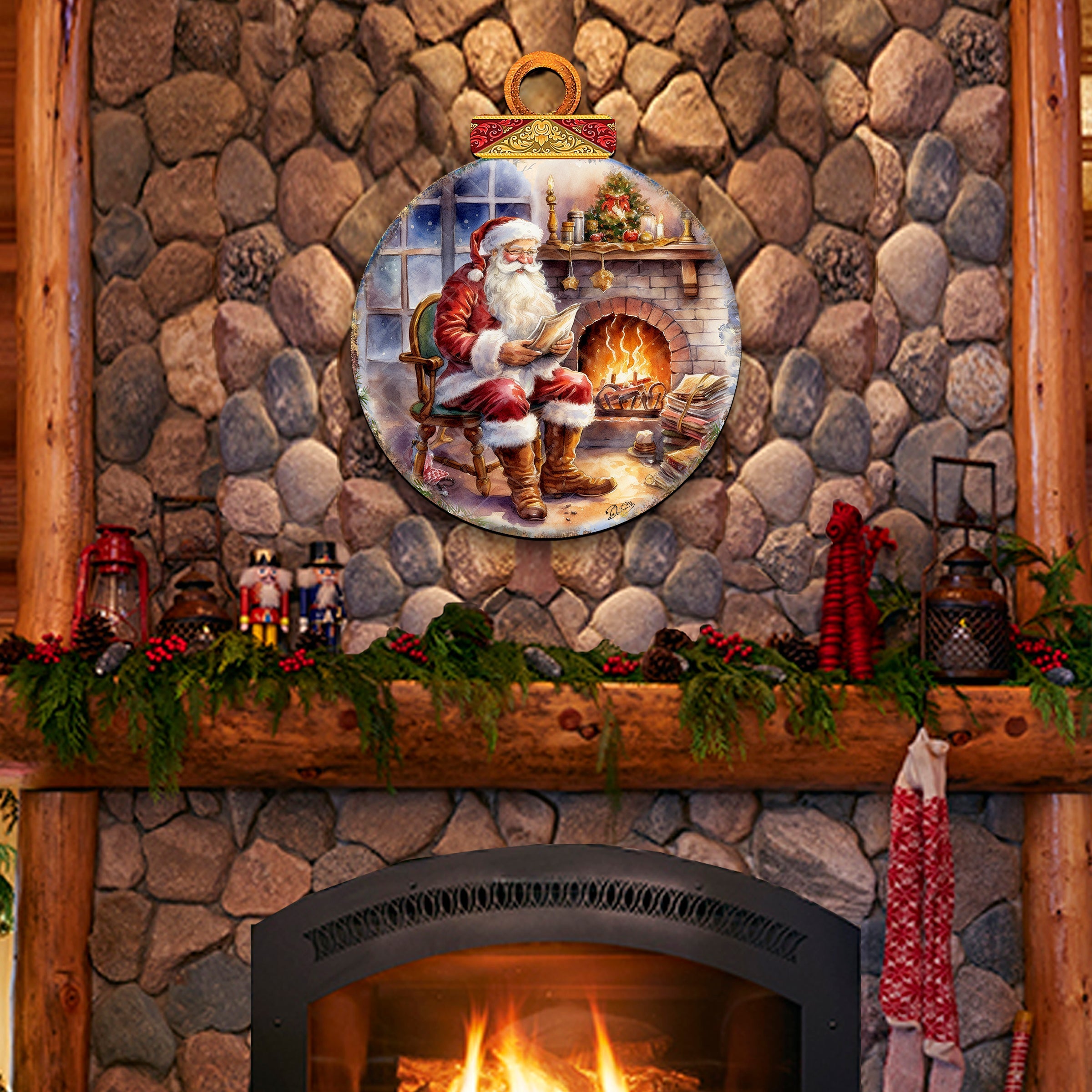 Santa at the Fireplace Wreath Holiday Door Decor by G. Debrekht - Christmas Santa Snowman Decor - 8611089-2H-1