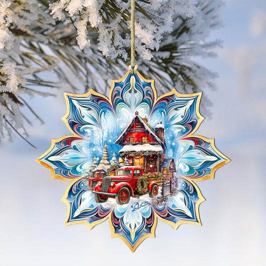 Christmas Cottage Snowflake Wooden Ornaments by G. Debrekht - Christmas Decor - 8688406-0