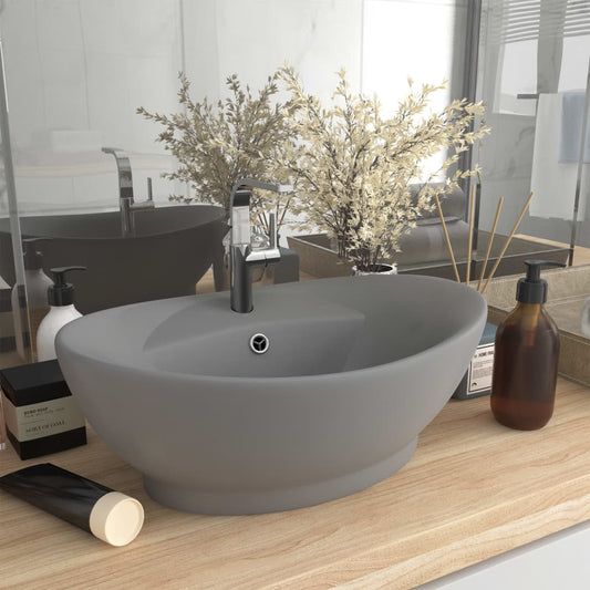 Vidaxl oval washbasin with overflow 58.5x39 cm ceramic matte light gray-0