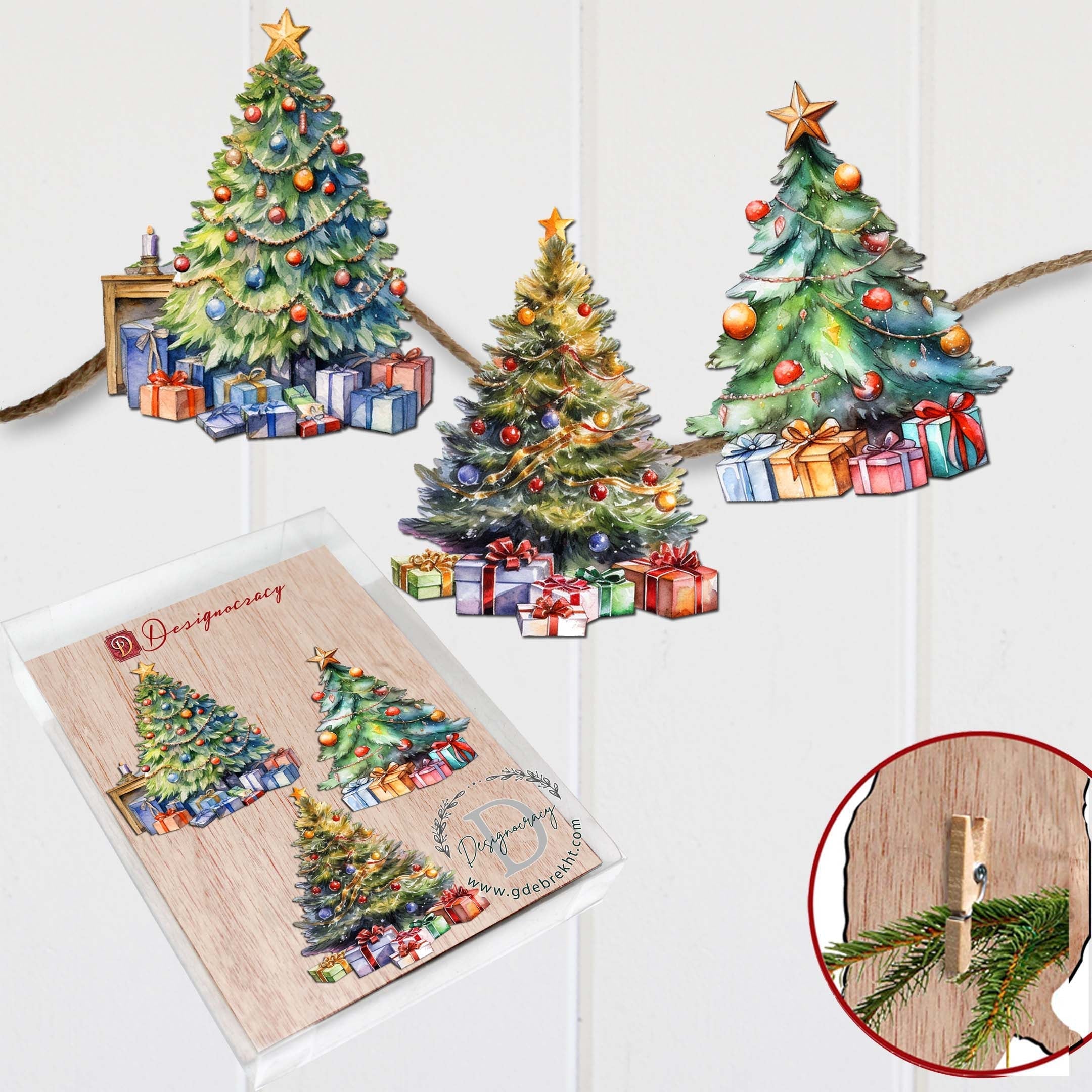 Christmas Tree Clip-On Eco Wood Decorative Ornaments Set of 3 by G. Debrekht - Christmas Decor - 8091044C-S3-4