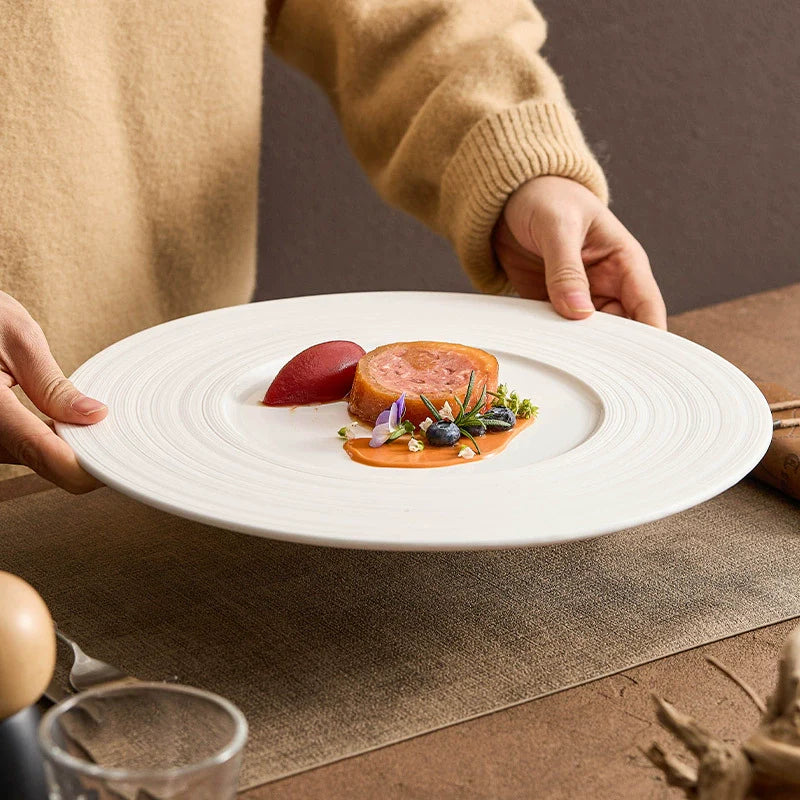 Wide-Rim Brushed Ceramic Plate – Elegant Flat Dish for Fine Dining-2