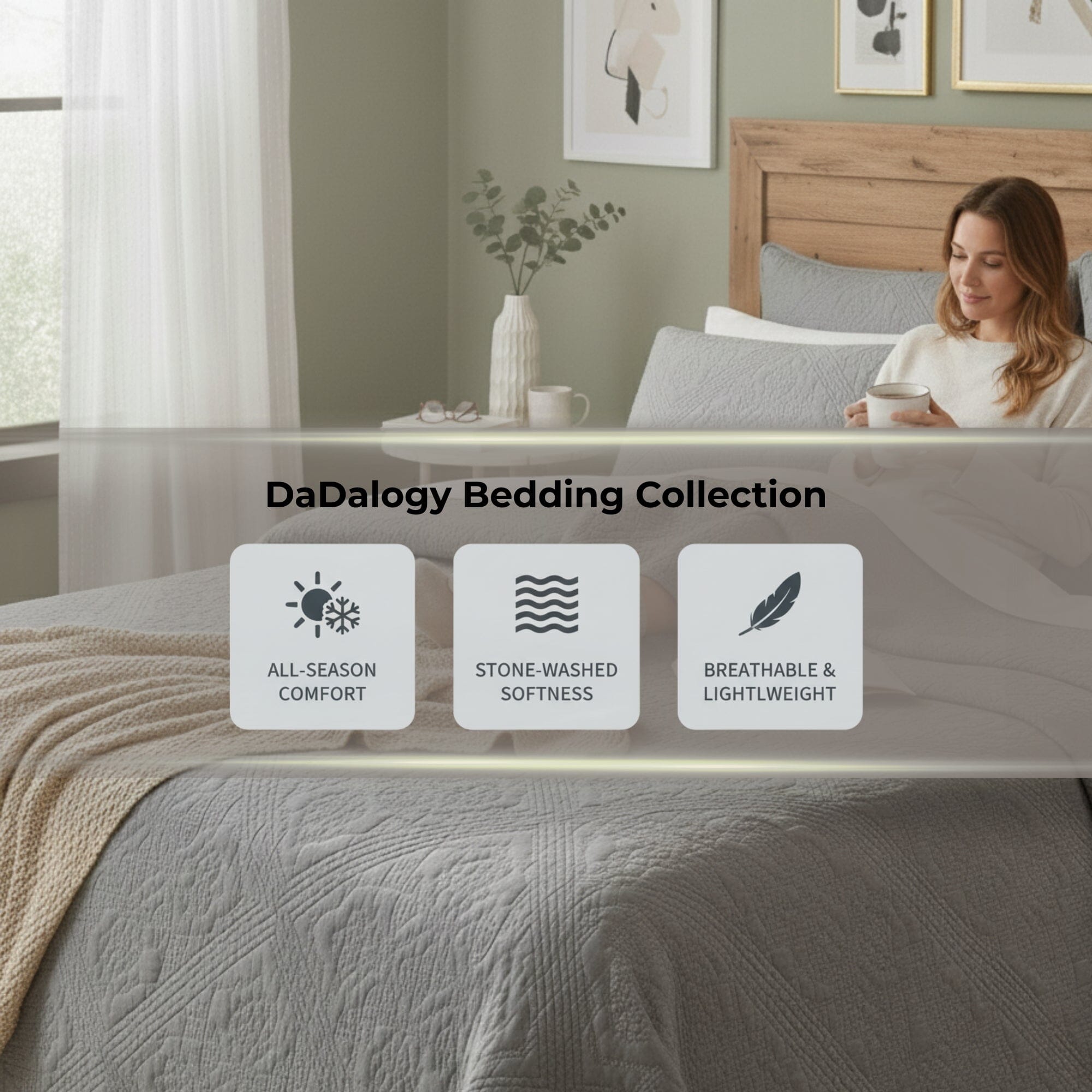 DaDa Bedding Floral Vintage Stone Wash Grey Matelassé Ash Silver Diamond Pattern Quilted Bedspread Set (JHW855)-2