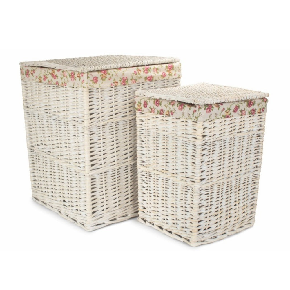 Square White Wash Wicker Laundry Basket Rose Lining-0