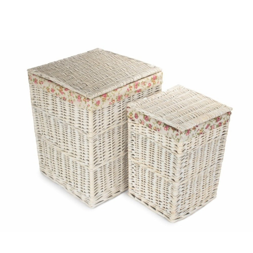 Square White Wash Wicker Laundry Basket Rose Lining-1