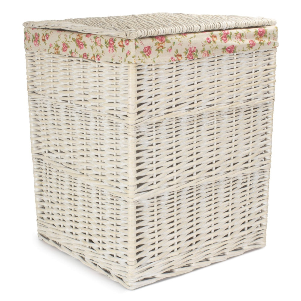 Square White Wash Wicker Laundry Basket Rose Lining-2