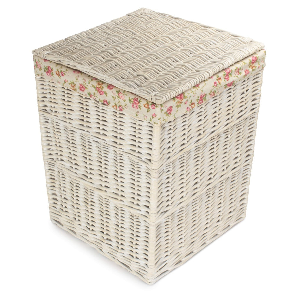 Square White Wash Wicker Laundry Basket Rose Lining-3