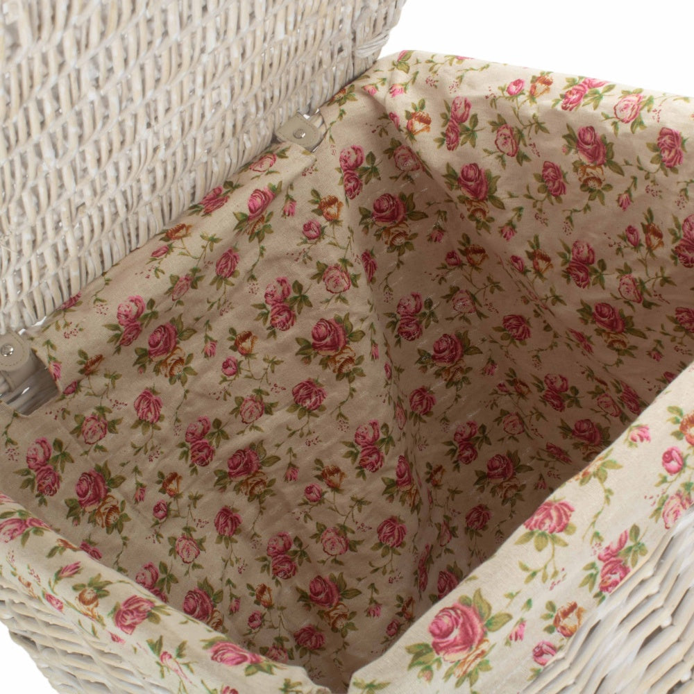 Square White Wash Wicker Laundry Basket Rose Lining-4