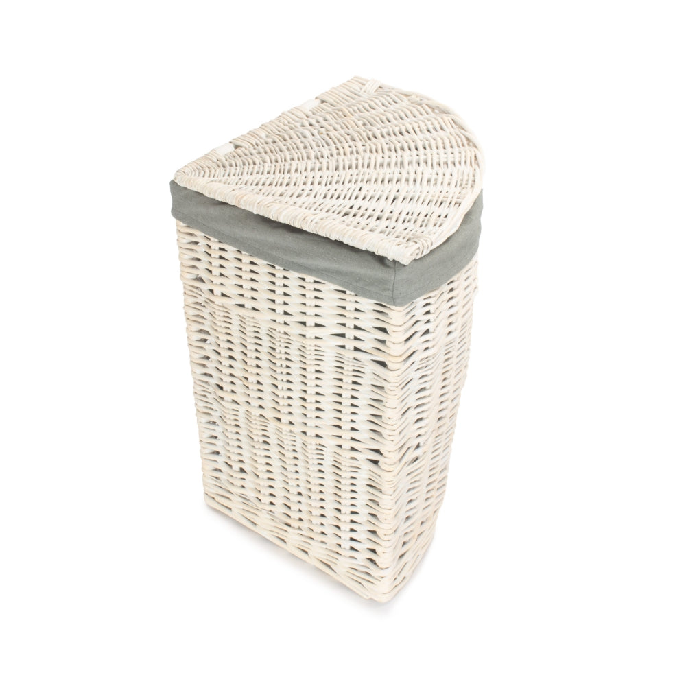 Corner White Wash Wicker Laundry Basket with Grey Sage Lining