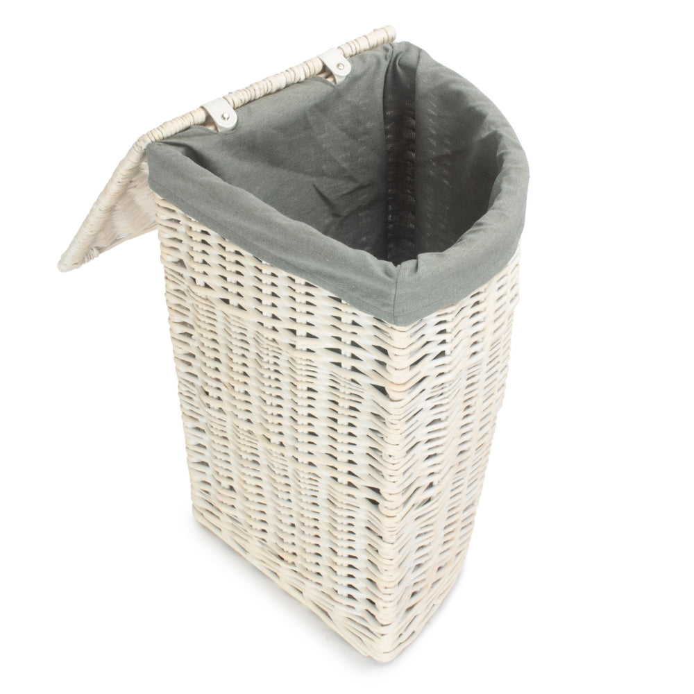Corner White Wash Wicker Laundry Basket with Grey Sage Lining