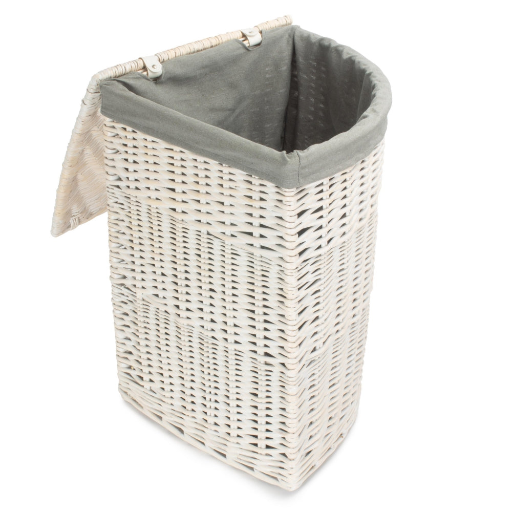 Corner White Wash Wicker Laundry Basket with Grey Sage Lining