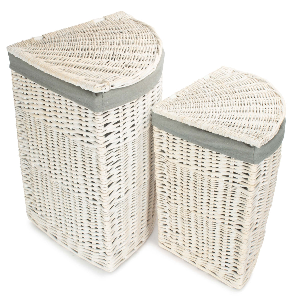 Corner White Wash Wicker Laundry Basket with Grey Sage Lining