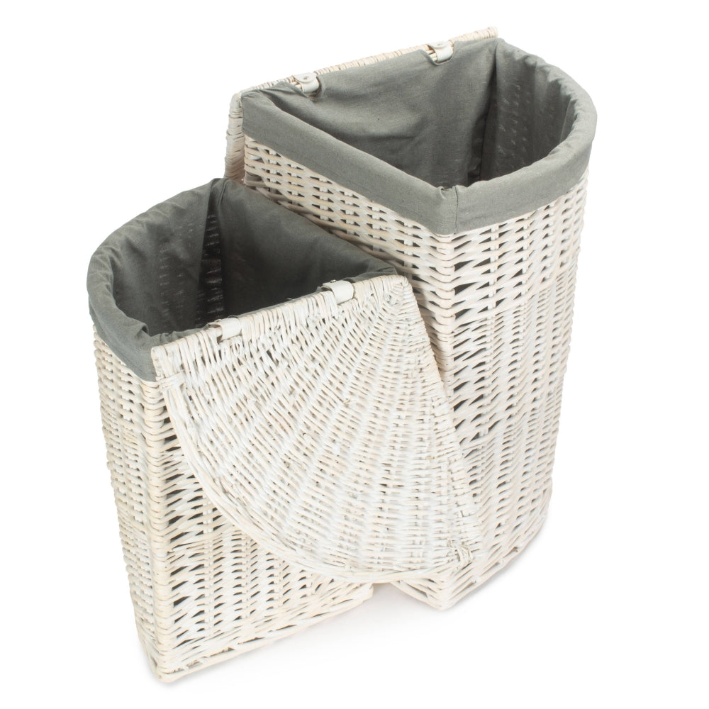 Corner White Wash Wicker Laundry Basket with Grey Sage Lining