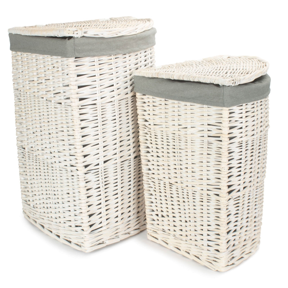 Corner White Wash Wicker Laundry Basket with Grey Sage Lining