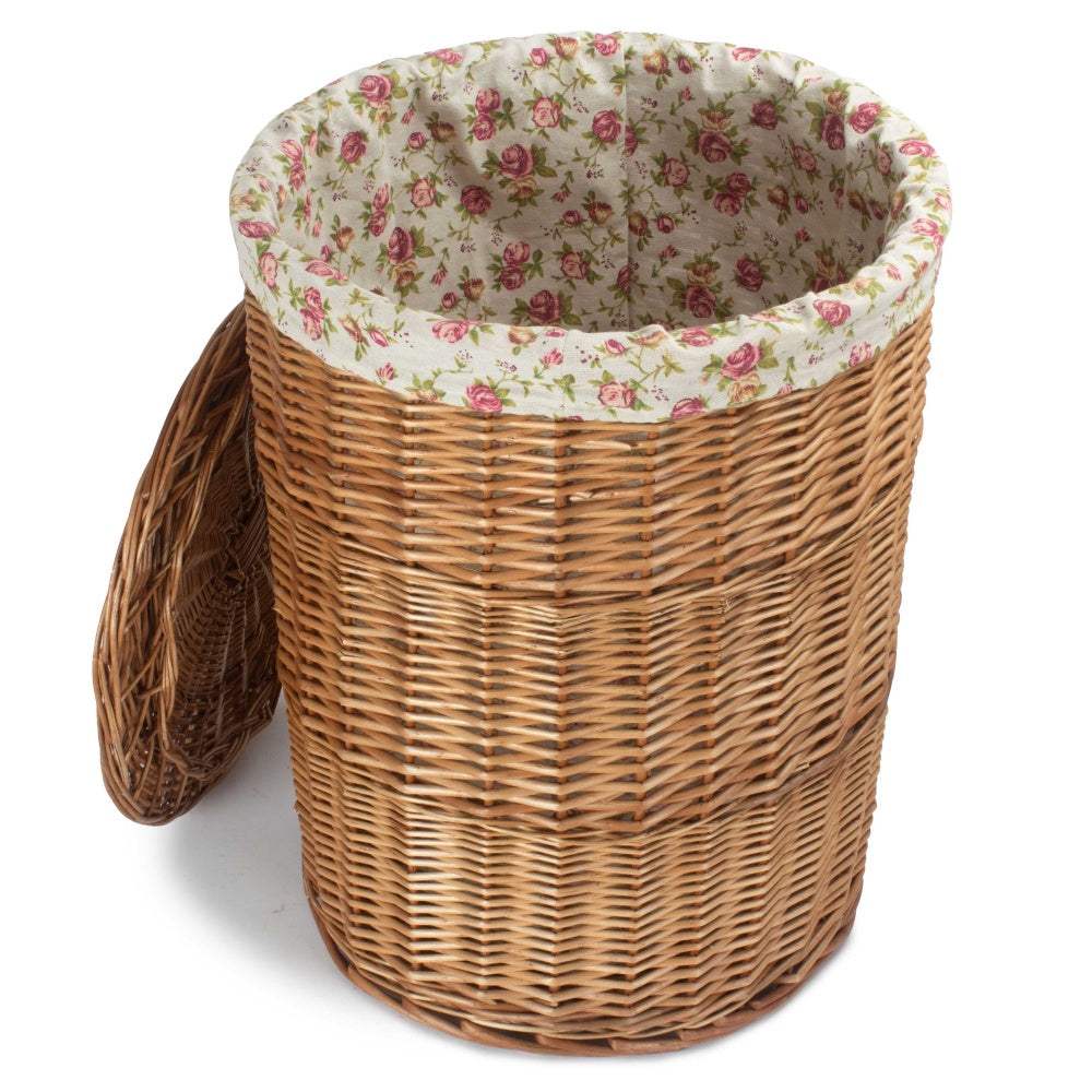 Light Steamed Round Garden Rose Lined Wicker Laundry Basket