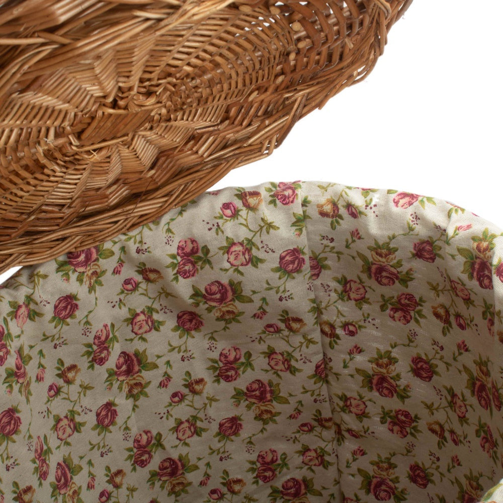 Light Steamed Round Garden Rose Lined Wicker Laundry Basket