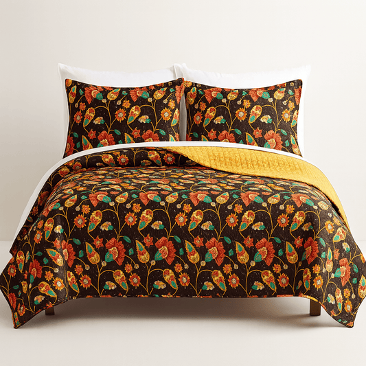 DaDa Bedding Marigold’s Floral Brown Yellow Botanical Garden Quilted Bedspread Set (HS-3330)-0