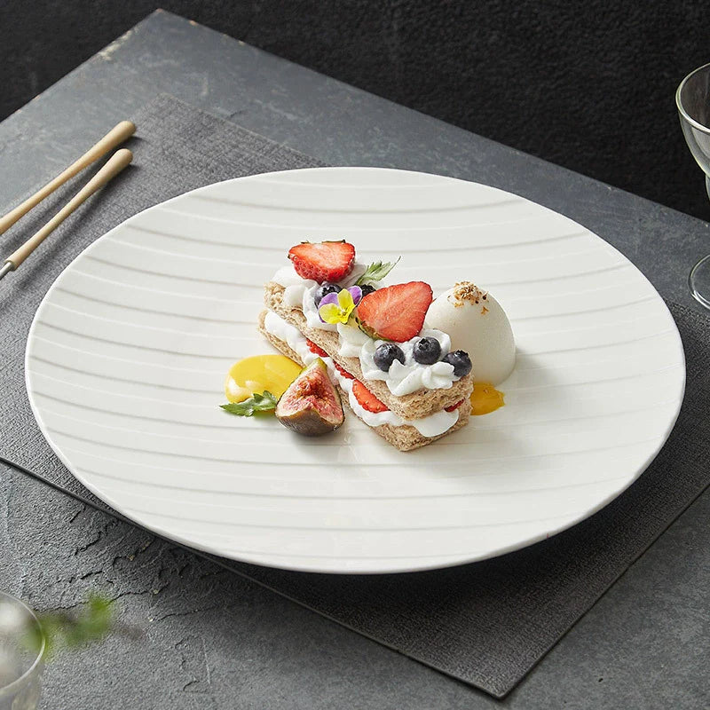 Stripe Relief White Ceramic Plate – Modern Minimalist Porcelain Dinnerware-2