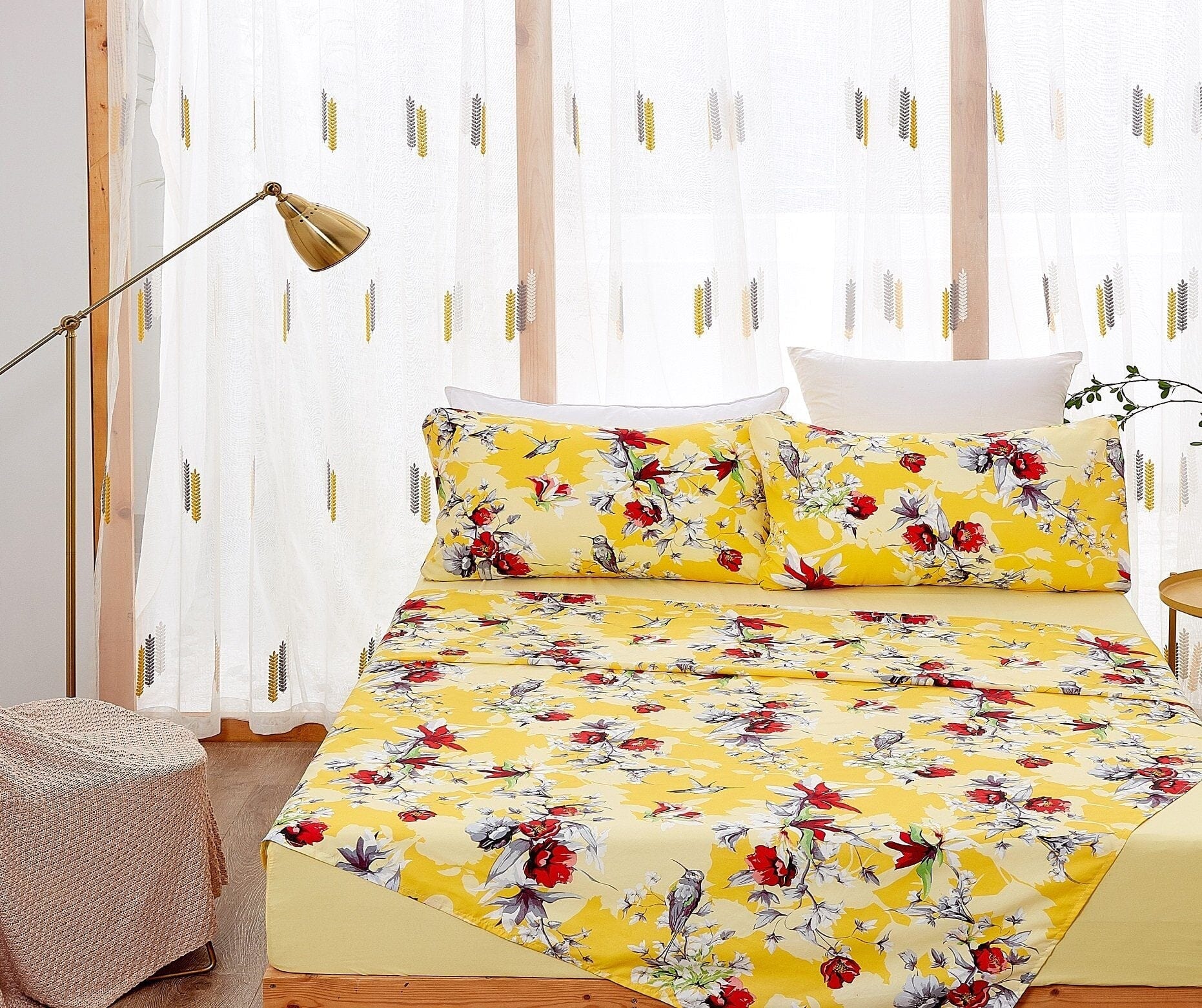 DaDa Bedding Sunshine Yellow Hummingbirds Floral Fitted & Flat Bed Sheets Set (JHW-925)-4