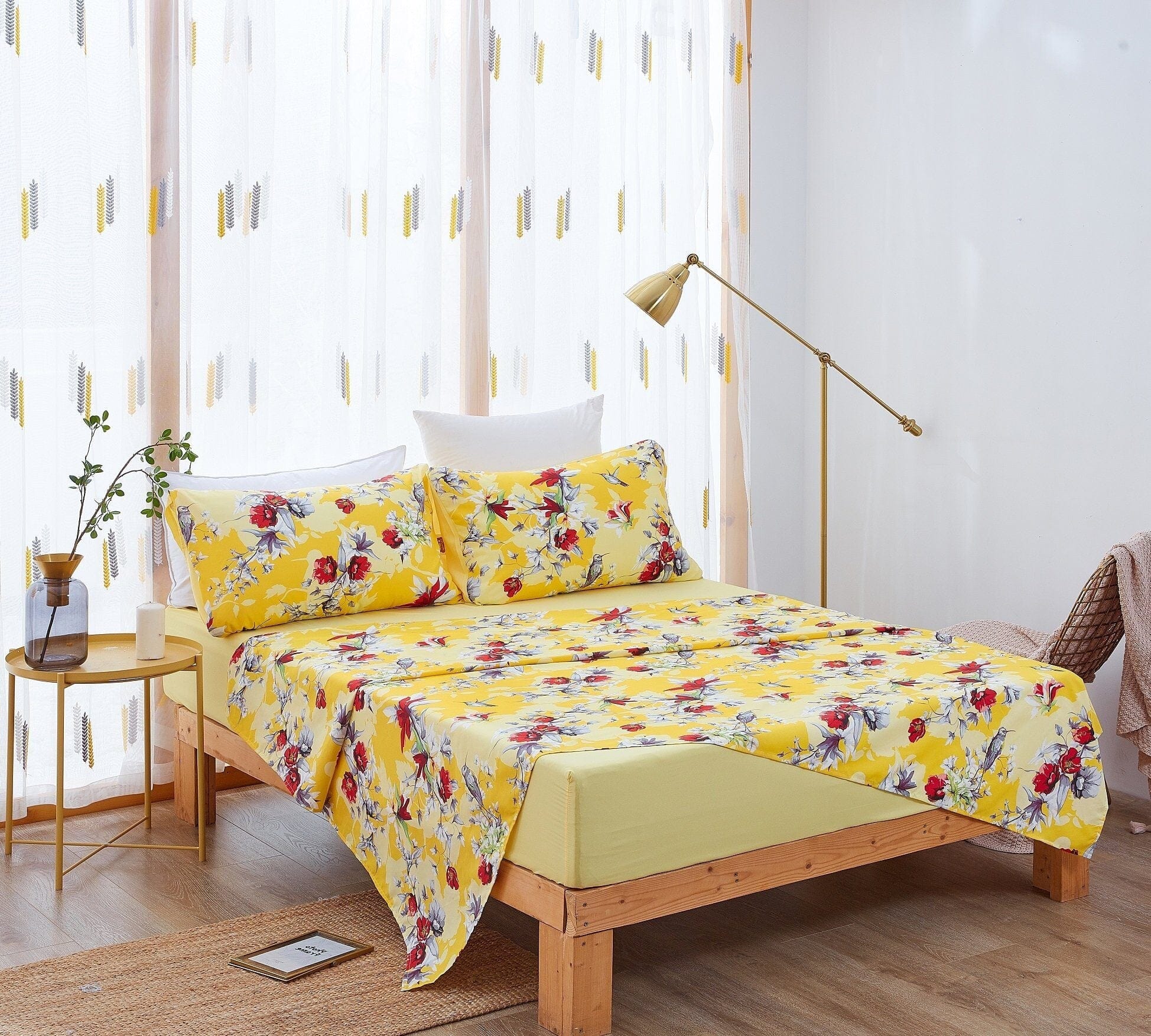 DaDa Bedding Sunshine Yellow Hummingbirds Floral Fitted & Flat Bed Sheets Set (JHW-925)-3