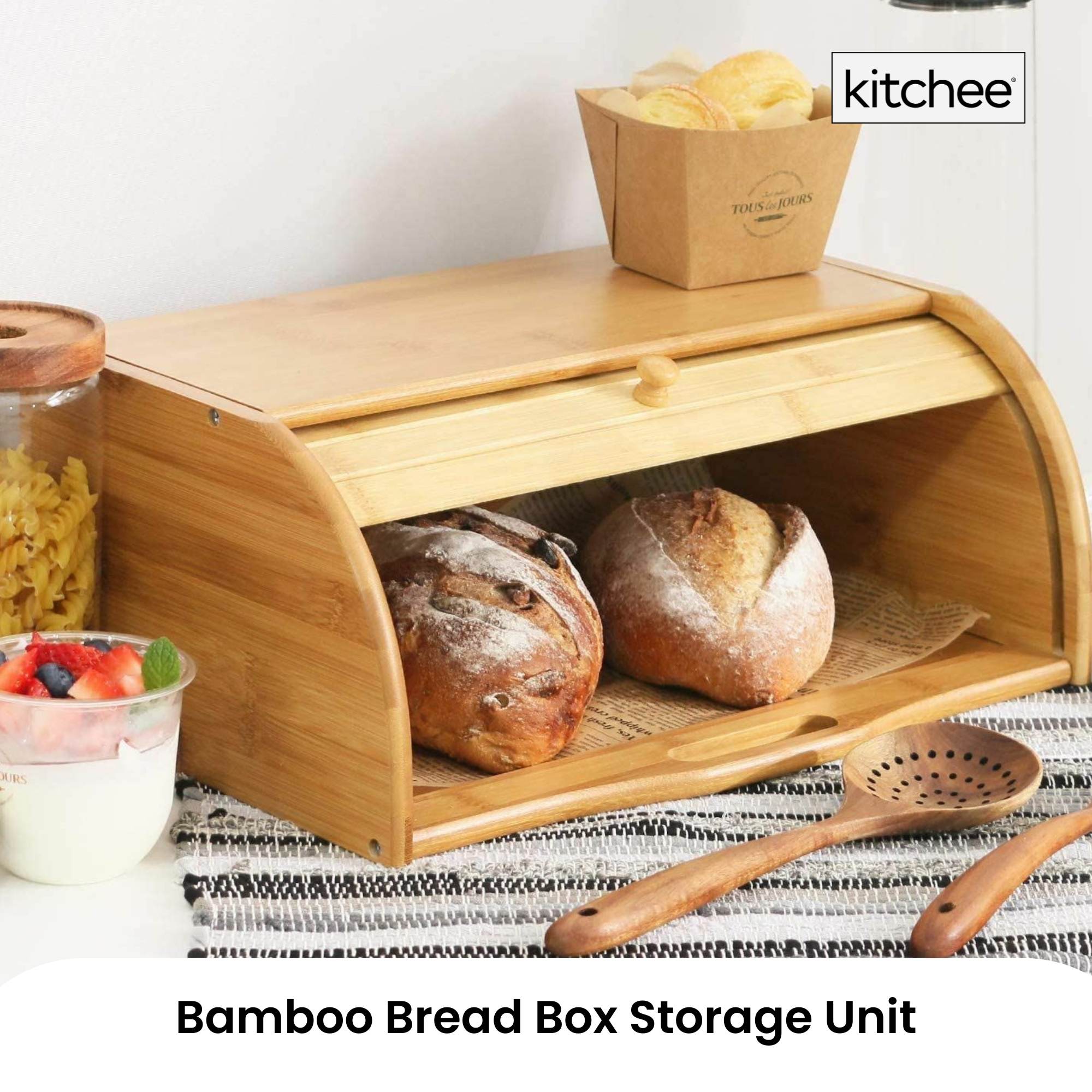 Kitchee 40cm Bamboo Bread Box - Storage Bin Keeper Kitchen Counter Container-1