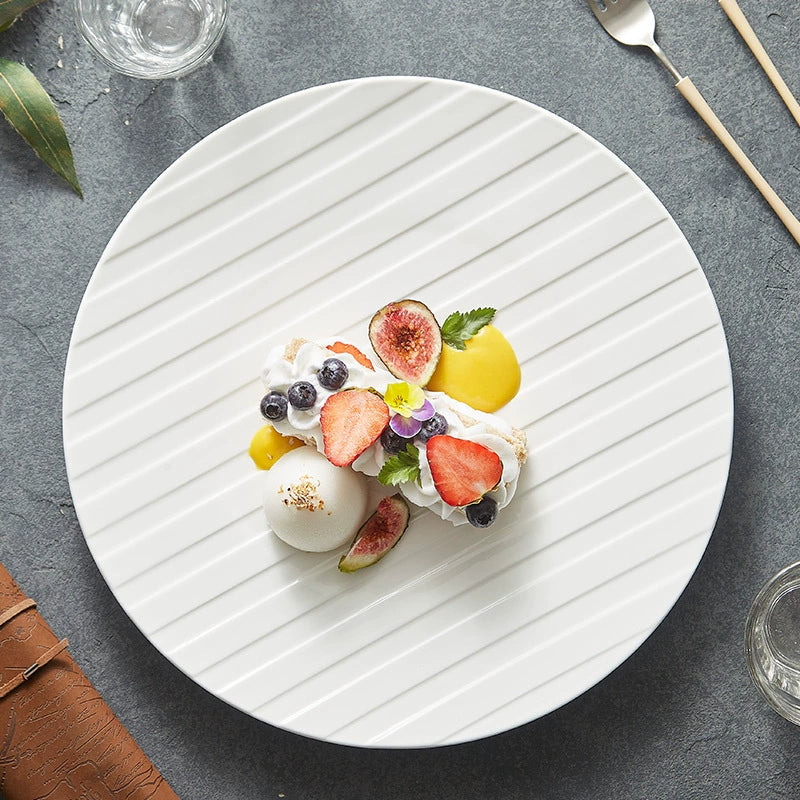 Stripe Relief White Ceramic Plate – Modern Minimalist Porcelain Dinnerware-1