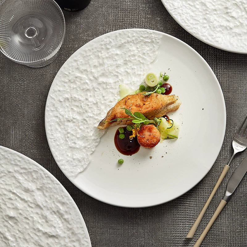 Stone-Texture Contrast Ceramic Plate – Modern Round Dish for Steak or Pasta-1