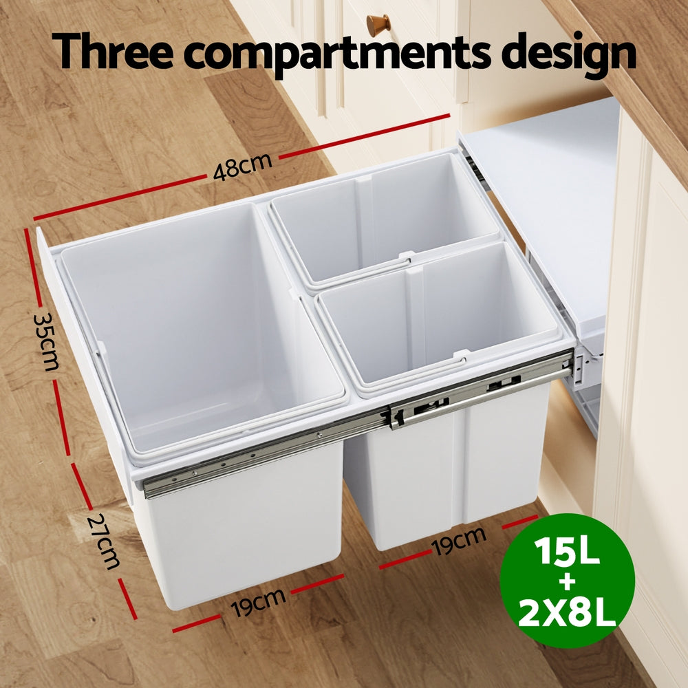 Cefito Pull Out Bin Kitchen Triple Slide Garbage Rubbish Bins Basket White 31L-3