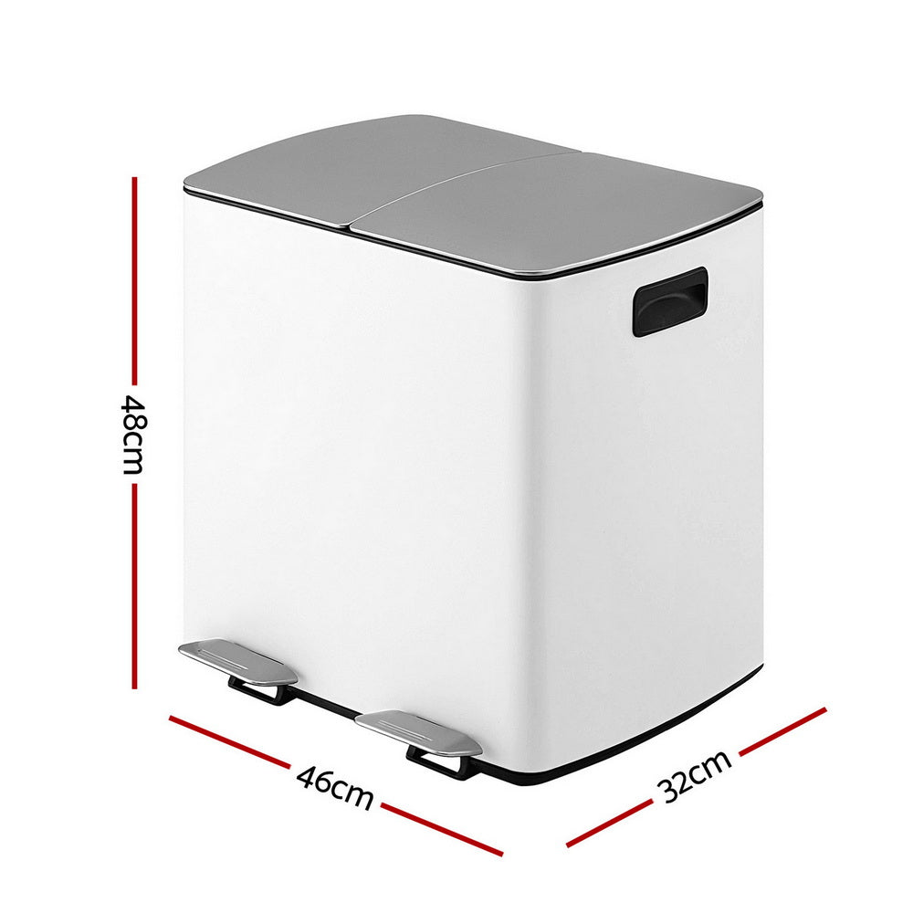 Cefito Pedal Bins Rubbish Bin Dual Compartment Waste Recycle Dustbins 40L White-1
