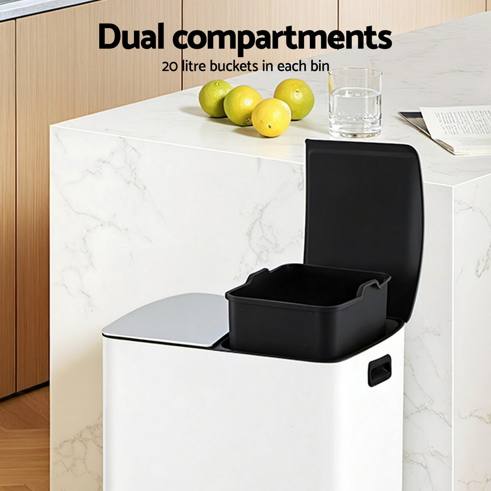 Cefito Pedal Bins Rubbish Bin Dual Compartment Waste Recycle Dustbins 40L White-3