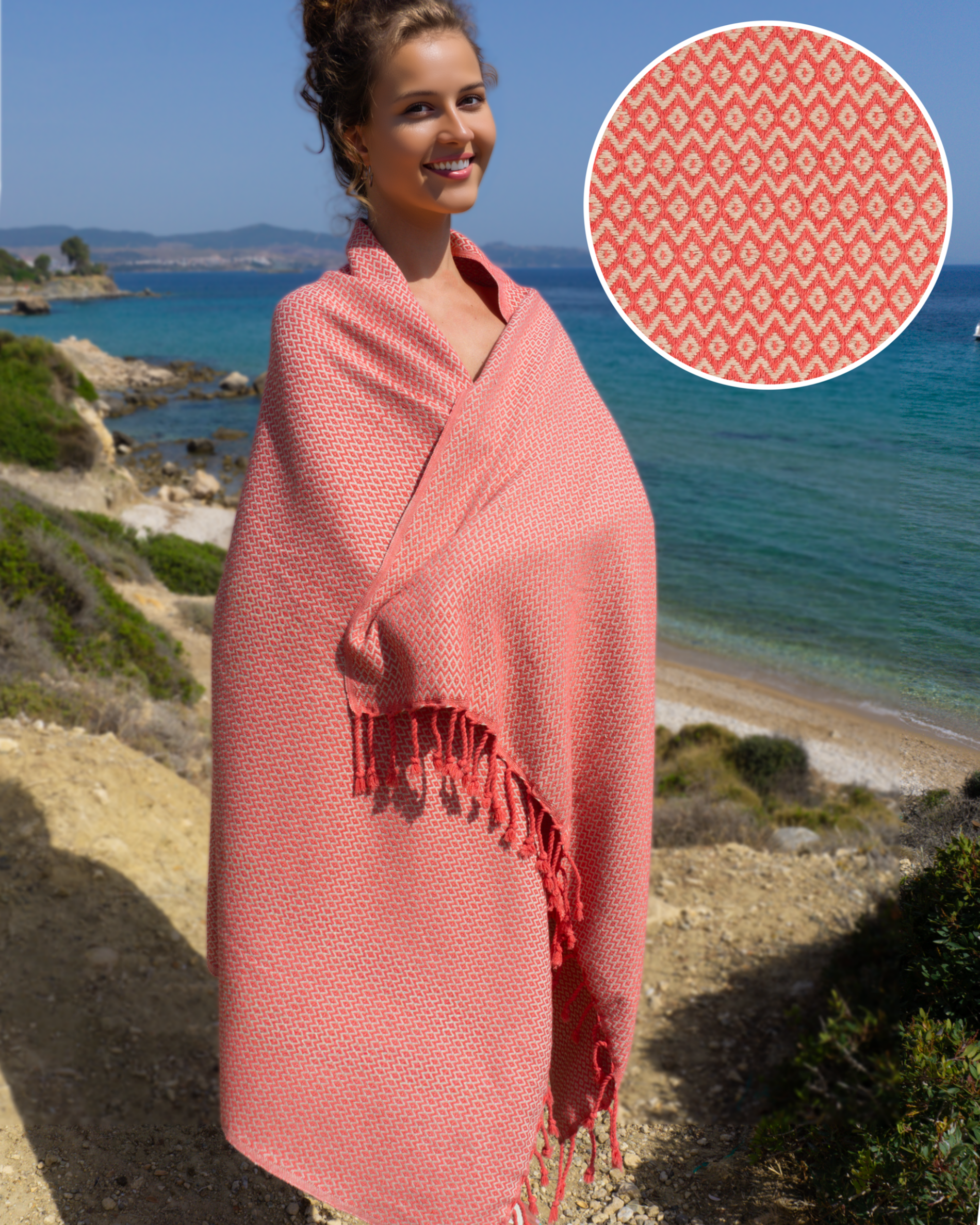 SAMOS Turkish Cotton Scarf Hammam Towel - Fuchsia / Beige-0