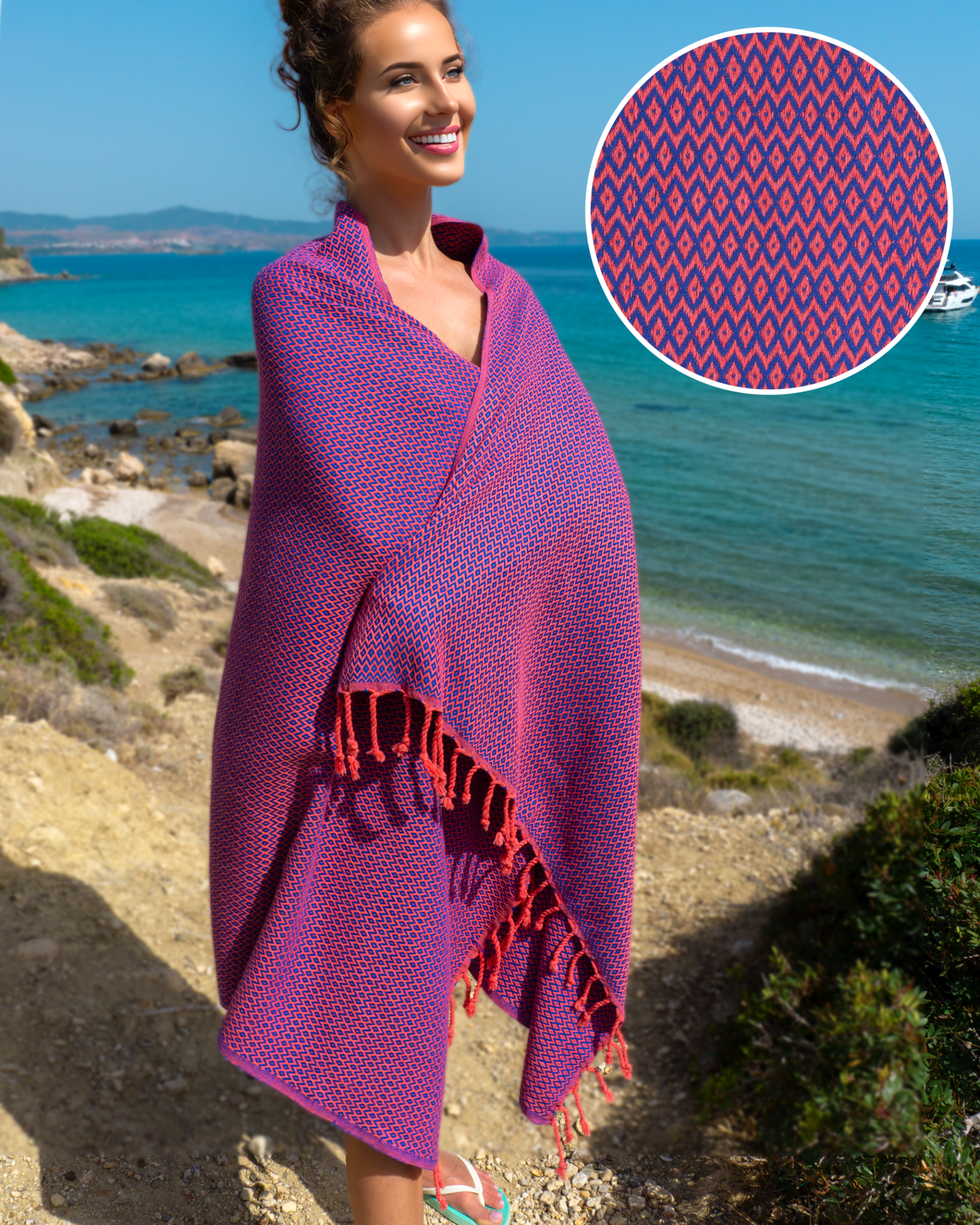 SAMOS Turkish Cotton Scarf Hammam Towel - Fuchsia / Blue-0