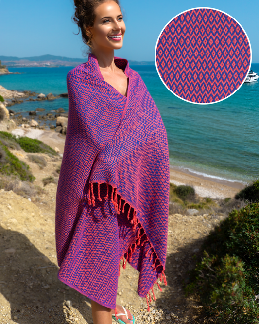 SAMOS Turkish Cotton Scarf Hammam Towel - Fuchsia / Blue-0