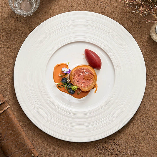 Wide-Rim Brushed Ceramic Plate – Elegant Flat Dish for Fine Dining-0