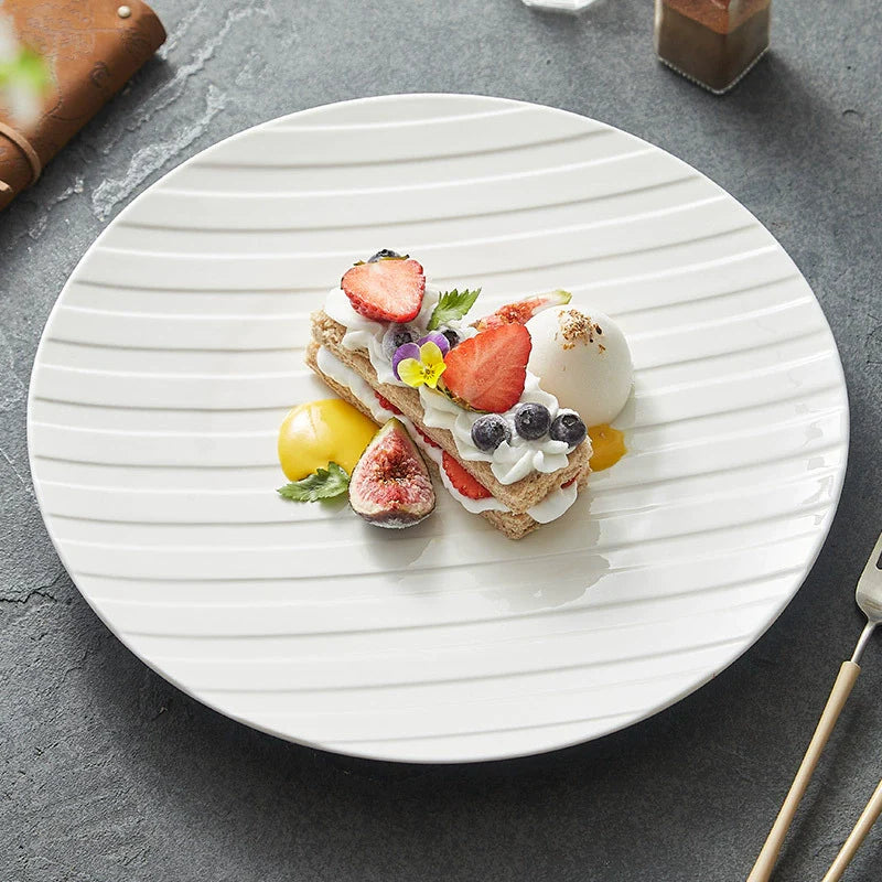 Stripe Relief White Ceramic Plate – Modern Minimalist Porcelain Dinnerware-0