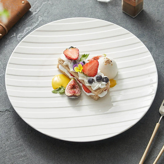 Stripe Relief White Ceramic Plate – Modern Minimalist Porcelain Dinnerware-0