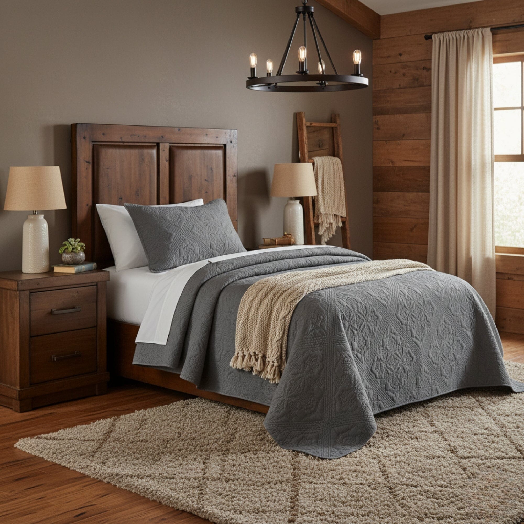 DaDa Bedding Floral Vintage Stone Wash Grey Matelassé Ash Silver Diamond Pattern Quilted Bedspread Set (JHW855)-3