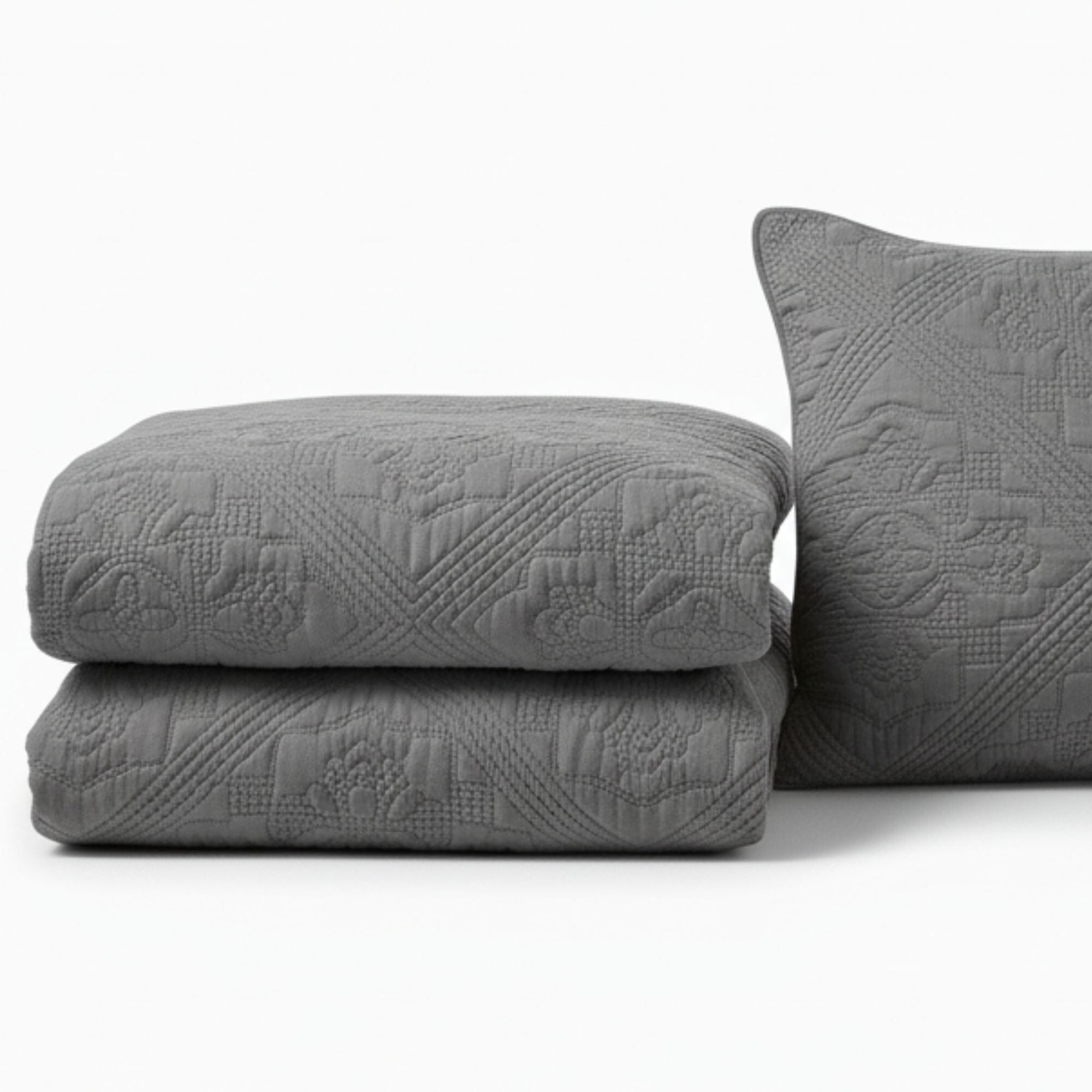 DaDa Bedding Floral Vintage Stone Wash Grey Matelassé Ash Silver Diamond Pattern Quilted Bedspread Set (JHW855)-1