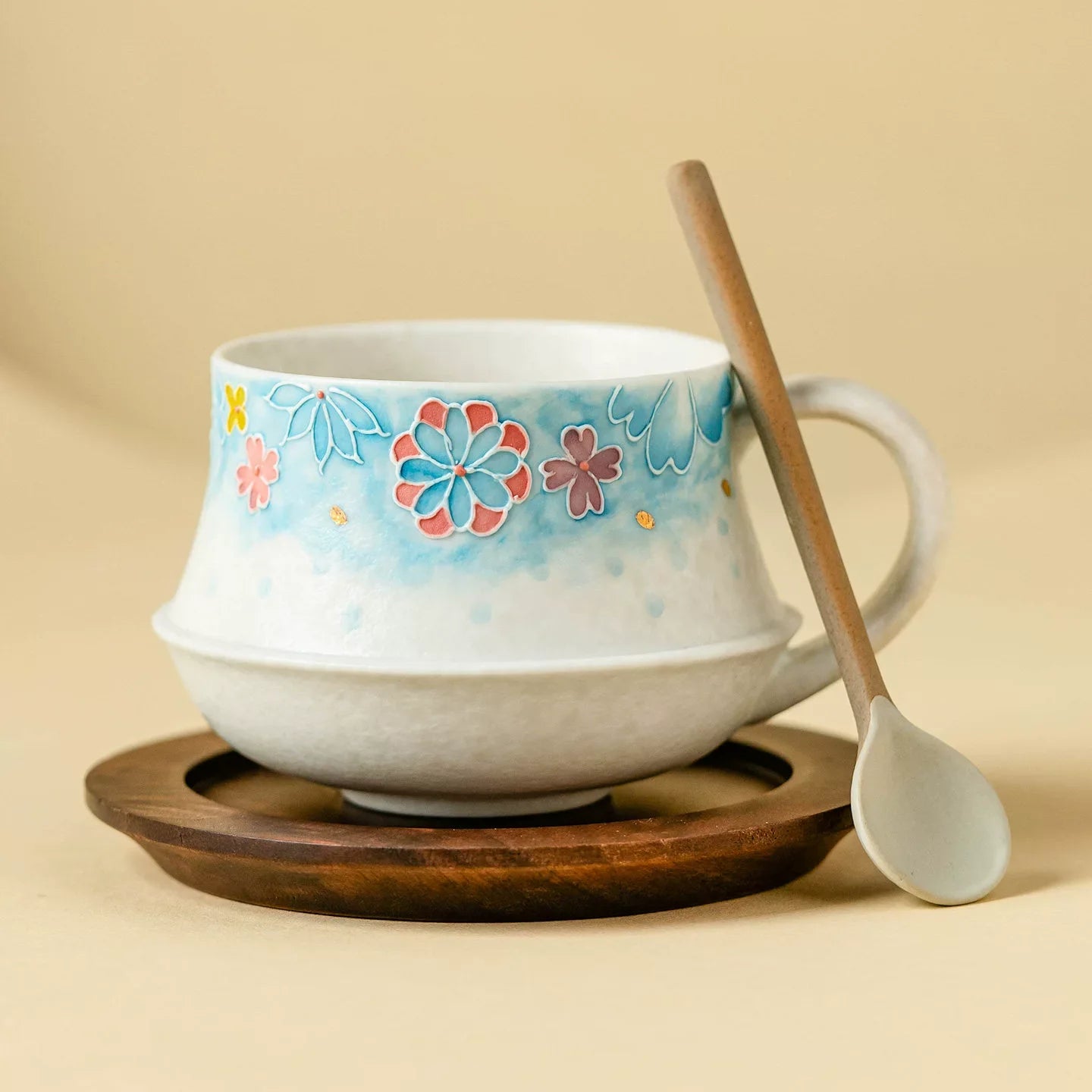 Round Dew Artisanal Ceramic Coffee Cup – Hand-Painted Azure Blossom Edition-1