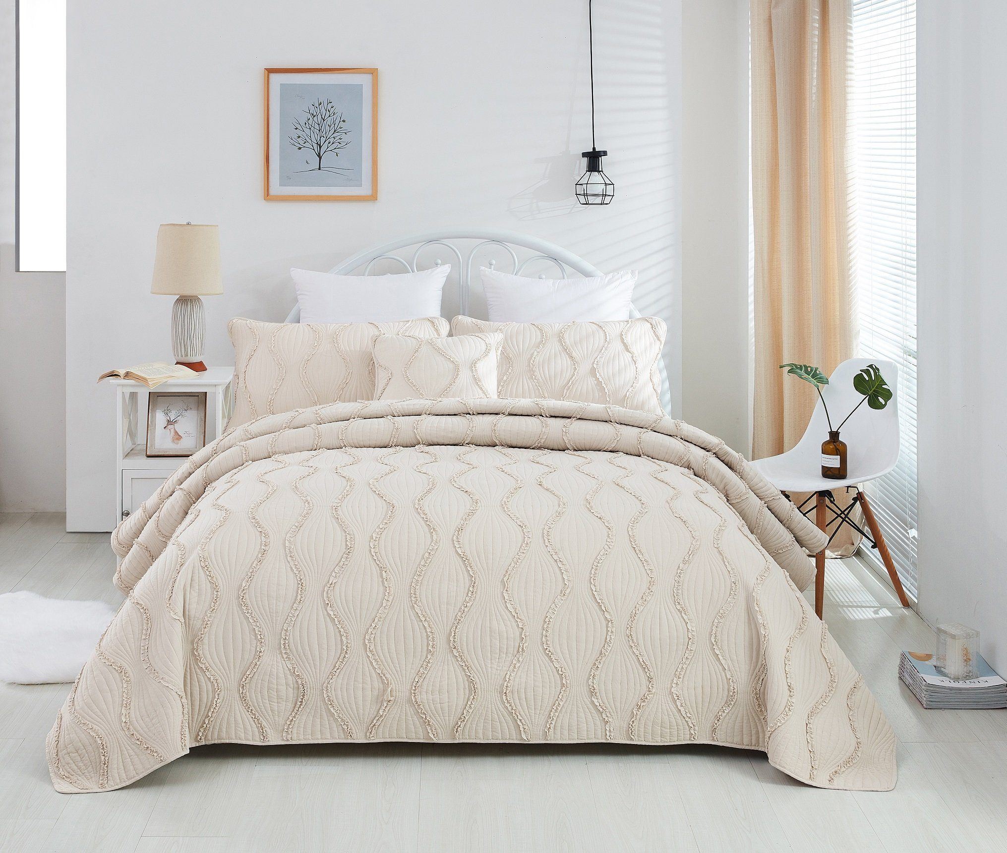 DaDa Bedding Soft Charming French Country Ruffles Quilted Cotton Bedspread Set - Ivory Cream Tan (JHW873)