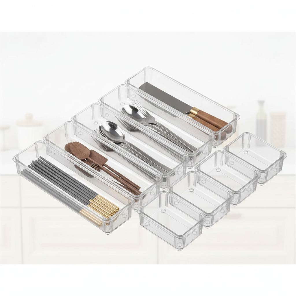 Transparent Drawer Organizer Boxes | Retractable Kitchen & Desk Storage Set-0