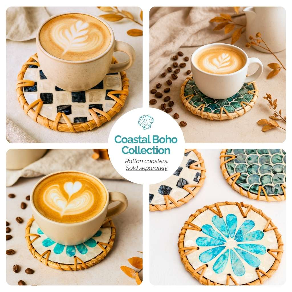 Handmade Natural Rattan & Mother of Pearl Coaster Set (6 Piece + Holder) • Drift-4