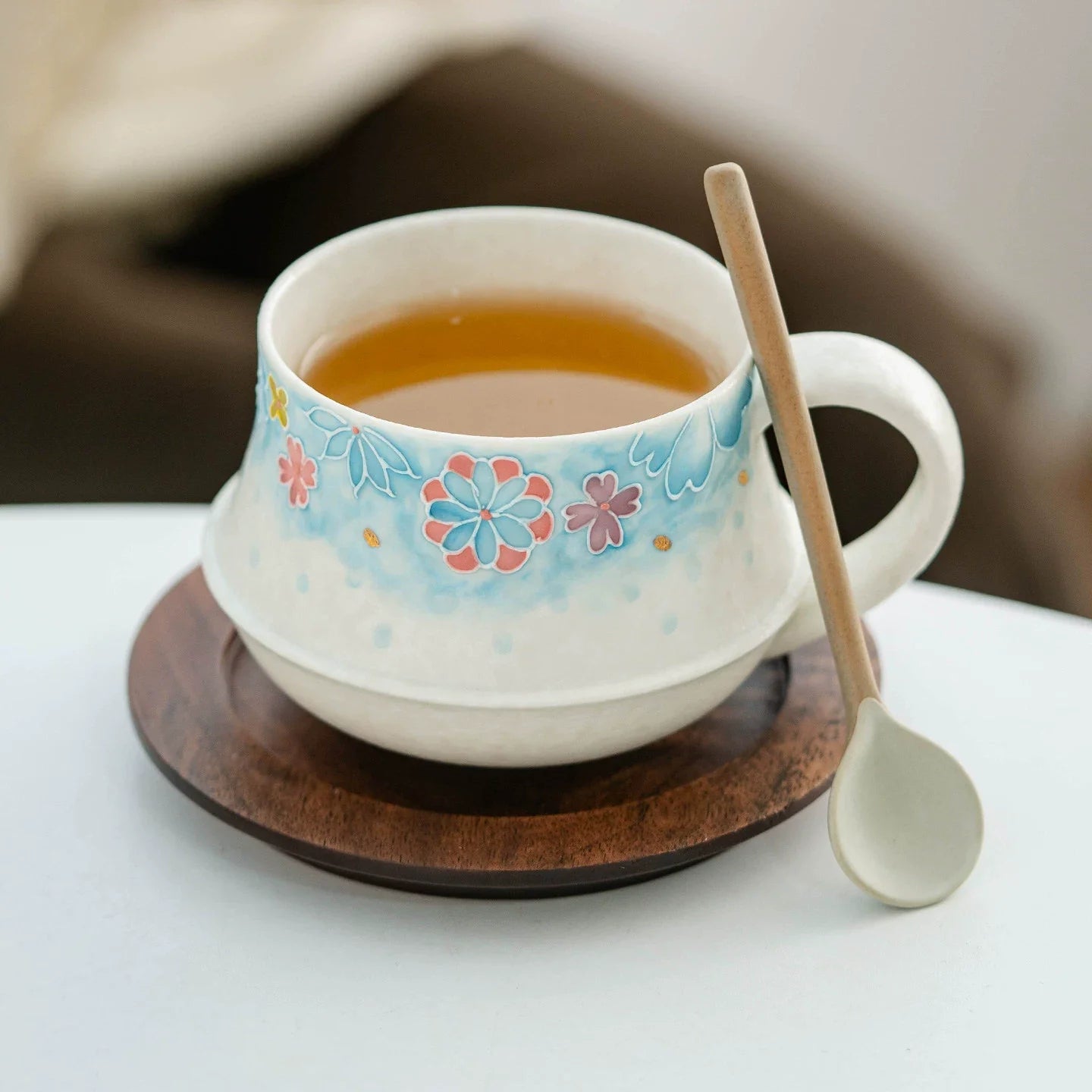 Round Dew Artisanal Ceramic Coffee Cup – Hand-Painted Azure Blossom Edition-0
