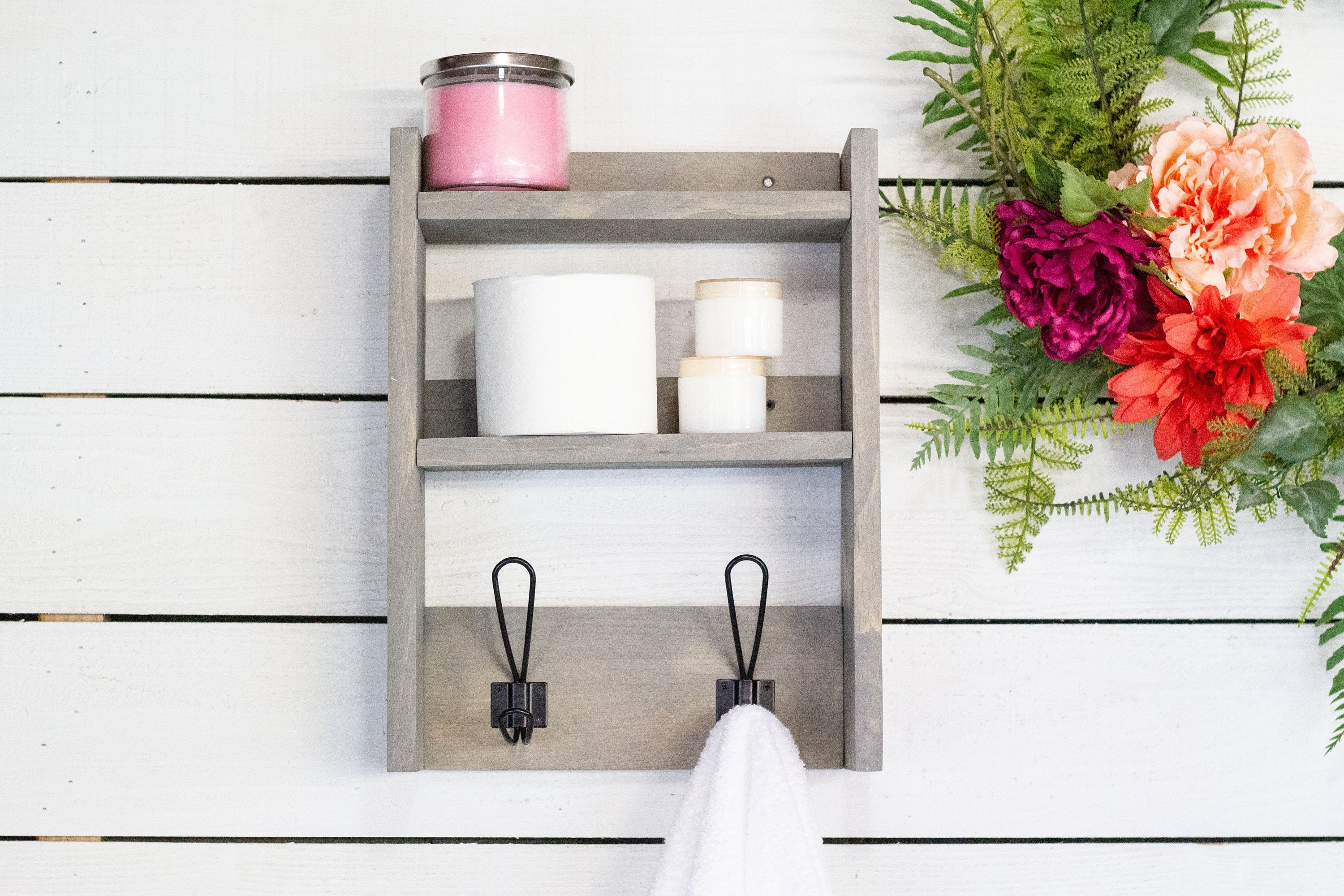 Bathroom Storage Shelf with Farmhouse Towel Hooks-0