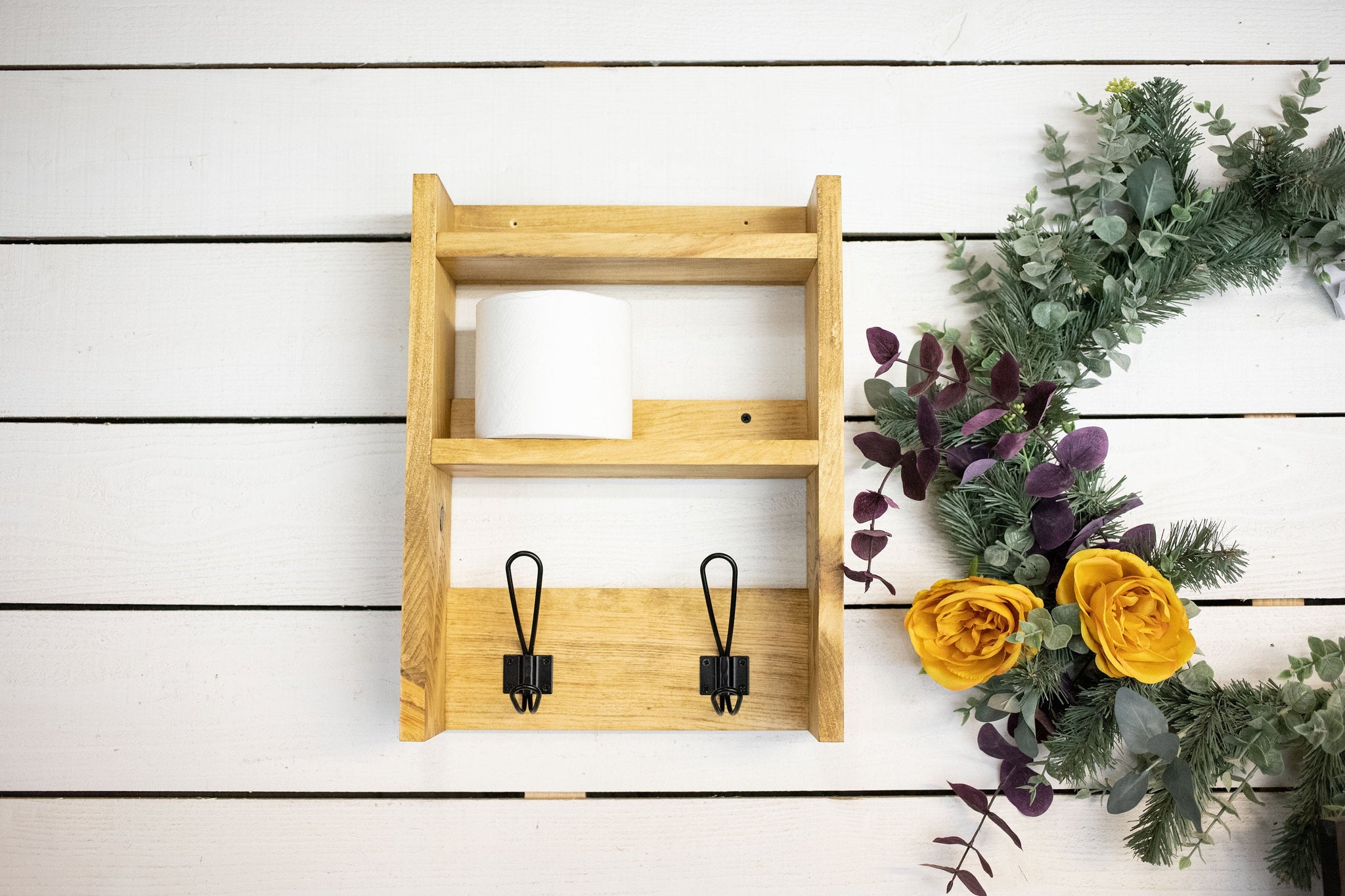 Bathroom Storage Shelf with Farmhouse Towel Hooks-2