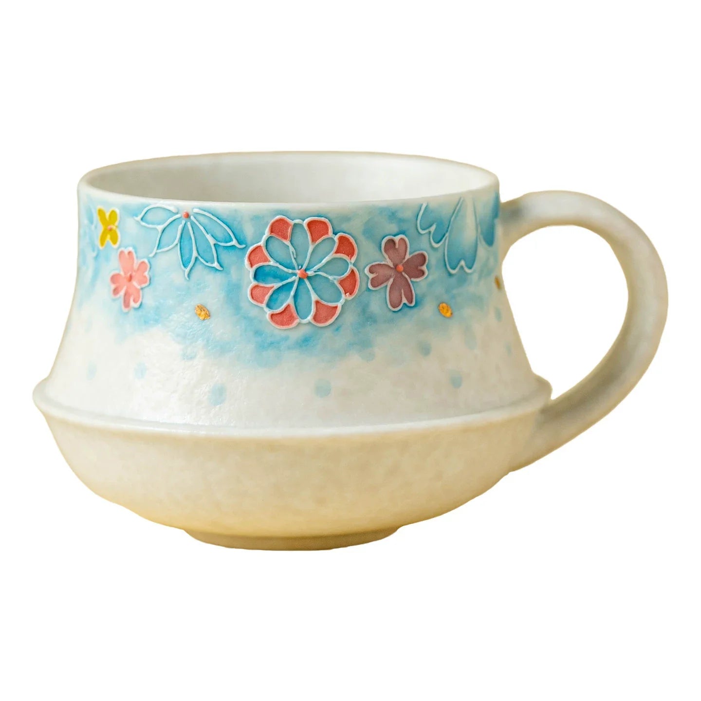 Round Dew Artisanal Ceramic Coffee Cup – Hand-Painted Azure Blossom Edition-4
