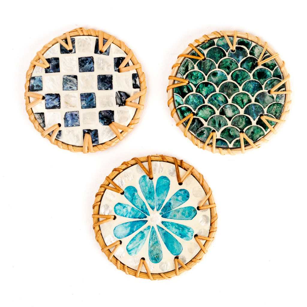 Handmade Natural Rattan & Mother of Pearl Coaster Set (6 Piece + Holder) • Cascade-3